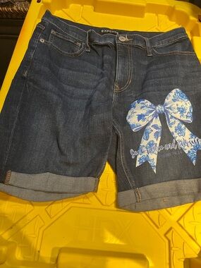Express Dark Blue Denim Bermuda Shorts with Blue Floral Bow